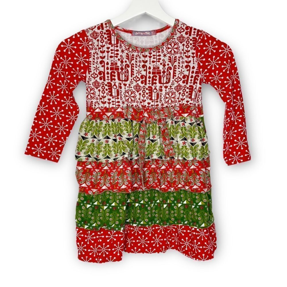 Jelly The Pug Multi-Color Holiday Brook Knit Dress with Ruffle Youth Size 6